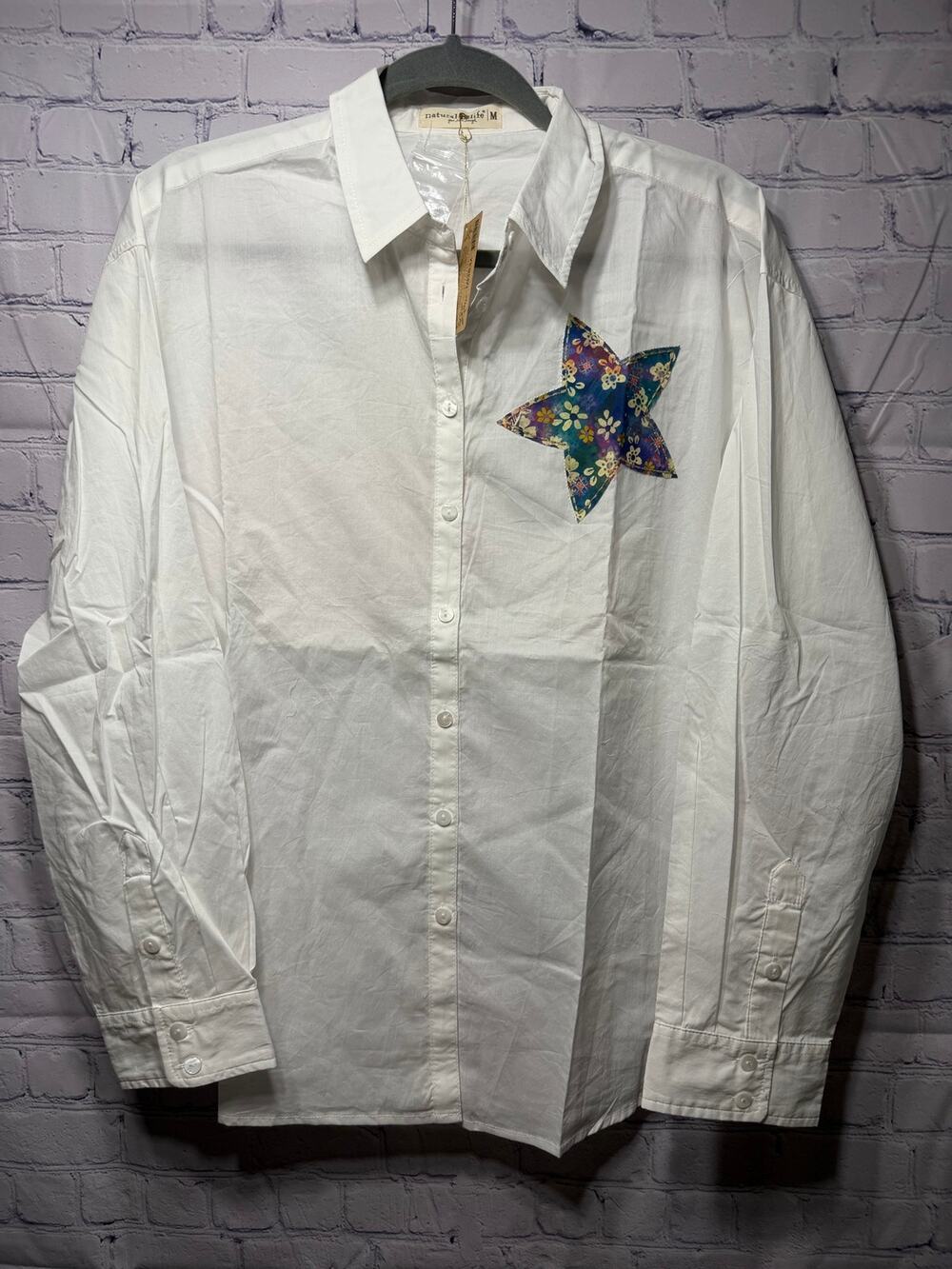 Natural Life Button Down With Front & Back Patch Detail White Sz M NWT Western